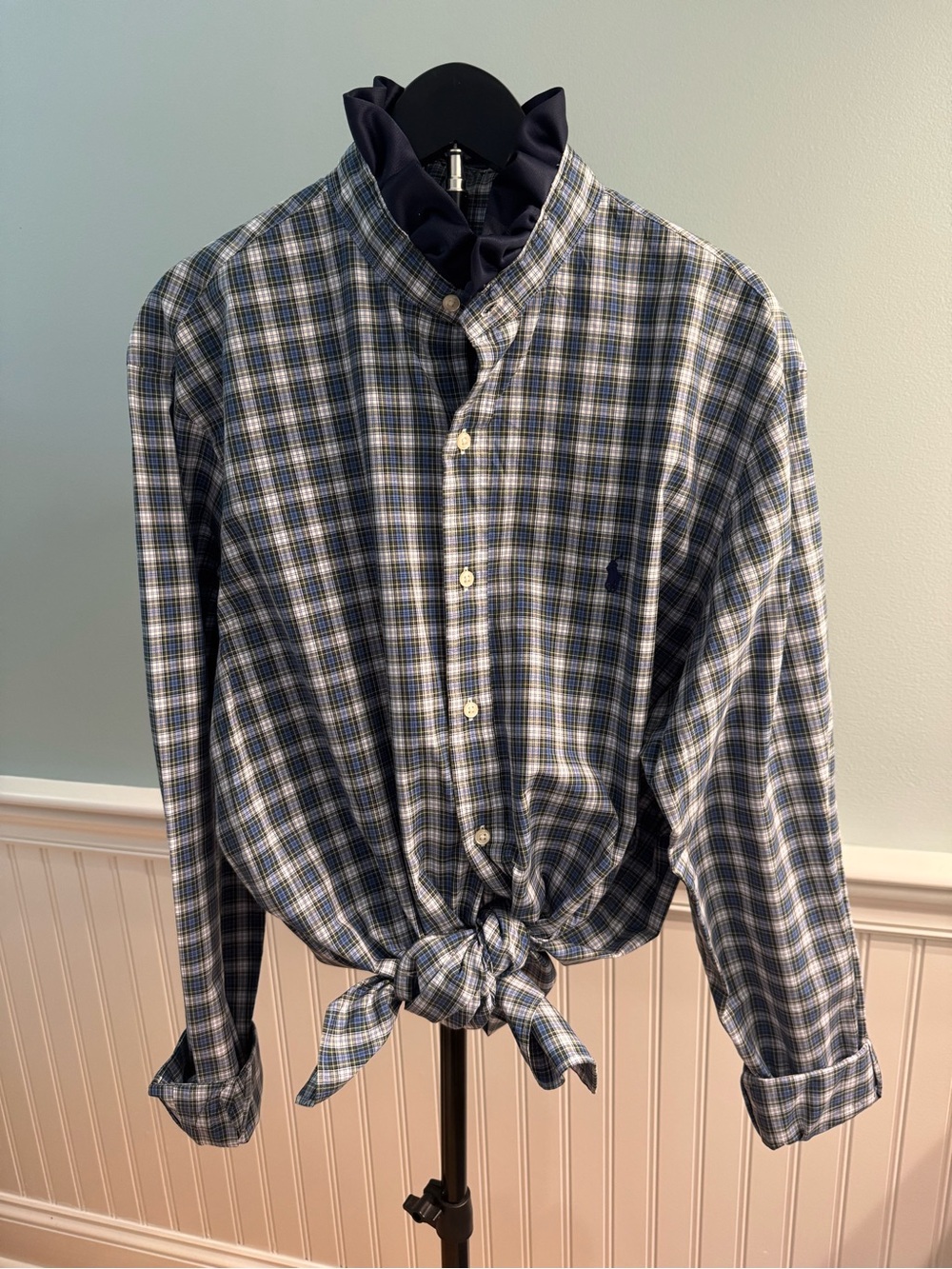 Reimagined Ralph Lauren Blues and White Plaid ruffle collar Shirt,